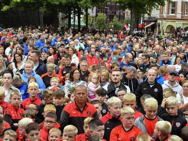 Foyle Cup teams and supporters gather in Guildhall Square. Photo: George Sweeney
