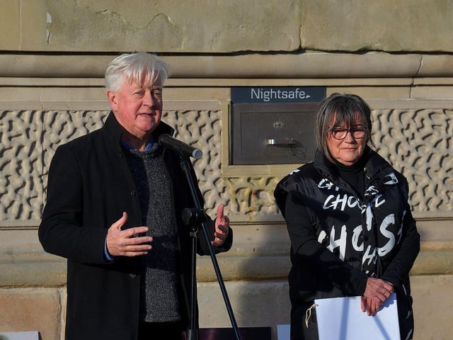 Paul O’Connor, Pat Finucane Centre, and Minty Thompson, whose mother Kathleen was killed on November 6, 1971 by a British soldier, spoke at the ‘Bin the Legacy Bill’ protest, organised by The Bloody Sunday Trust and the Pat Finucane Centre, at Guildhall Square on Wednesday afternoon. Photo: George Sweeney. DER2247GS – 60
