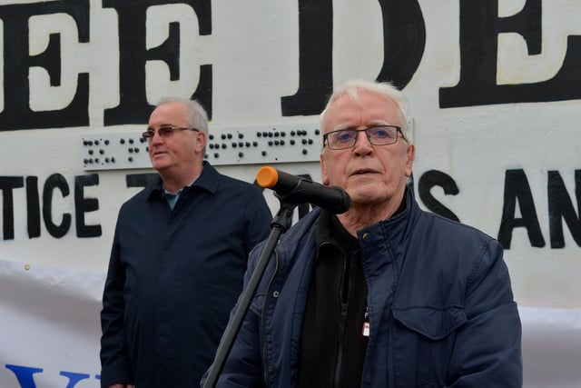 John Kelly, Museum of Free Derry, speaking at the unveiling of a Braille sign at Free Derry Corner on Tuesday afternoon. Include in the photo is Richard Moore from Children in Crossfire. Photo: George Sweeney. DER2305GS – 65