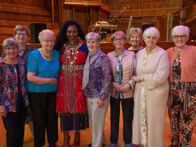 Guiests pictured with the Mayor Councillor Lilian Seenoi-Barr hosted an Afrobeat Tea dance in the Guildhall which blended traditional waltzes with a selection of upbeat tunes bringing people to their feet on the dance floor of the main hall. Picture Martin McKeown. 09.10.24