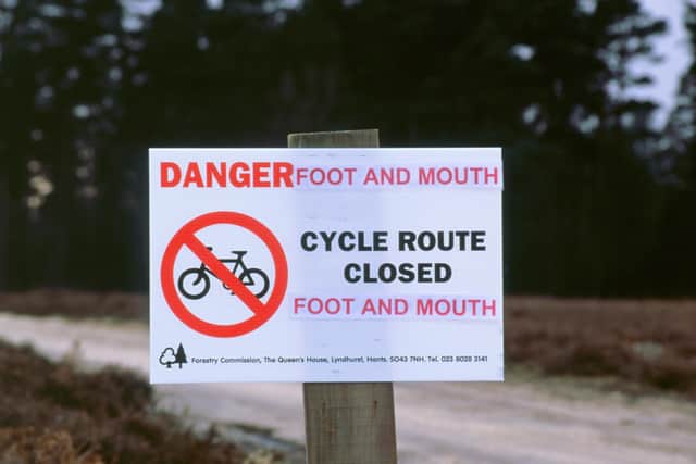 No cycling sign during foot and mouth crisis 2001, 2000. (Photo by National Motor Museum/Heritage Images/Getty Images)