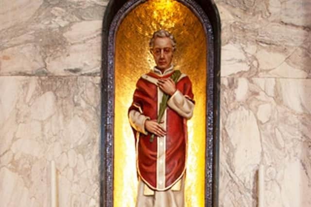 A statue of St. Valentine that stands over his remains in Whitefriar Street Church in Dublin.