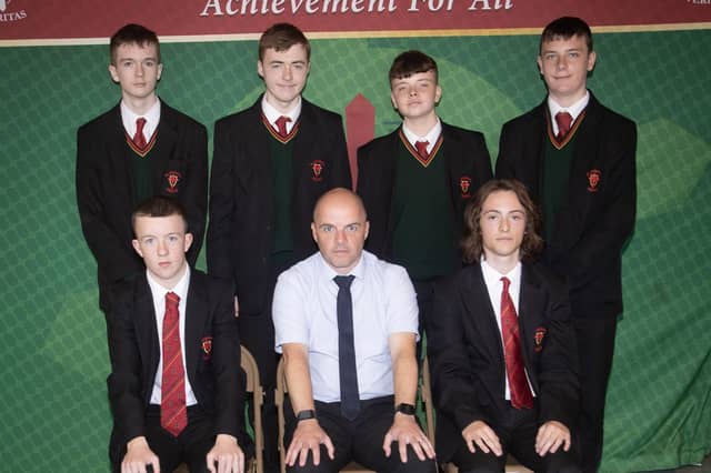 Head of Senior School, Mr Kevin Thompson with the winners of the awards for Outstanding Attendance in Key Stage 4 at the St. Joseph's Boys School Senior Prizegiving last week. (Photos: Jim McCafferty Photography)