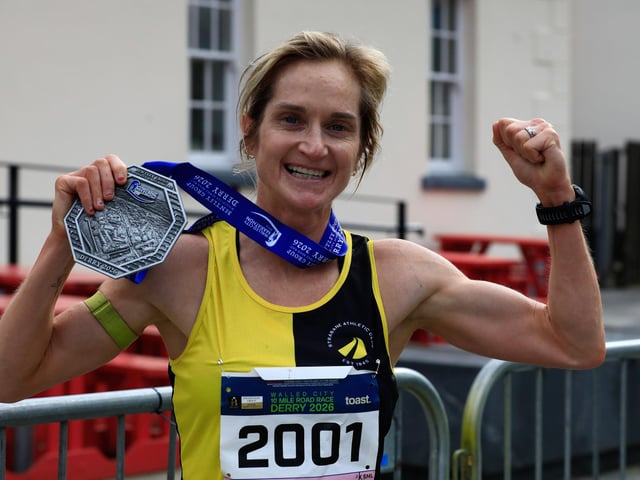 Ann-Marie McGlynn (Strabane AC), 1st lady home in the Bentley Group Walled City 10 Mile race, Ebrington Square on Saturday. (Photo - Tom Heaney, nwpresspics)