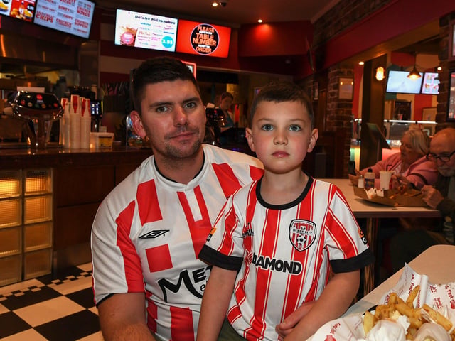 Derry City fans pictured at the Brunswick Moviebowl ahead of the live screening of the candystripes’ Europe Conference League away to FCB Magpies on Thursday evening. Photo: George Sweeney