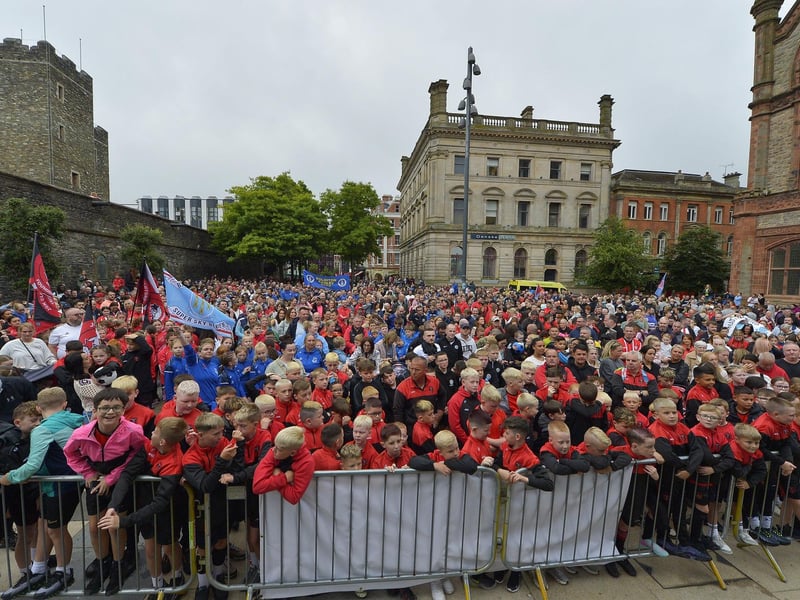 Foyle Cup teams and supporters gather in Guildhall Square. Photo: George Sweeney