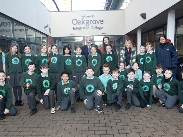 Mr. John Harkin, Principal, Oakgrove Integrated College pictured with pupils from Oakgrove Integrated Primary School who took part in an 'Active Learning Day' on Monday last.(Photos: Jim McCafferty Photography)
