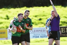 City of Derry scrum-half Jamie Millar celebrates his try against Ballymoney at Judges Road. (Photo: Keith Moore)