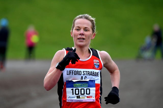 Claire McGuigan, Lifford Strabane AC, was the first female across the line, in a time of 58 minutes 56 seconds in the Bentley Group Derry 10 Miler road race on Saturday morning. Photo: George Sweeney. DER2310GS – 113