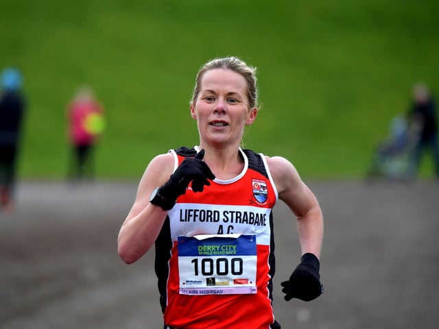 Claire McGuigan, Lifford Strabane AC, was the first female across the line, in a time of 58 minutes 56 seconds in the Bentley Group Derry 10 Miler road race on Saturday morning. Photo: George Sweeney. DER2310GS – 113