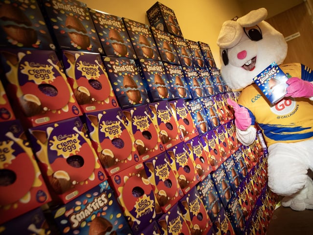 The Easter Bunny with his treasure trove of eggs before handing them out on Saturday.