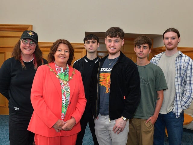 Mayor Patricia Logue pictured with singer Ryan McMullan, backing artists Cheryl Ann and TeleZura at the official launch of his forthcoming gig ‘Live in the Square’, Ebrington on 25th August. Photo: George Sweeney. DER2331GS – 64