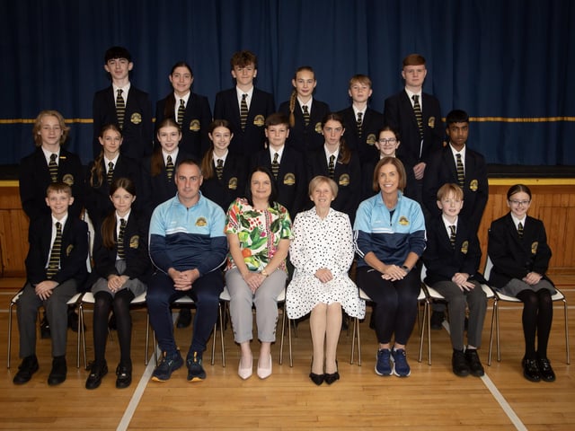 Students who achieved Victor and Victrix Ludorem Awards with Mr Michael McCullagh (PE Department), Ms Paula Fleming (Head of PE), Dr Marie Ferris (Principal) and Mrs Suzanne Deery.