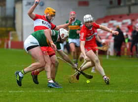 Kerry’s Eoin Ross is challenged by Derry pair Reese McSorley and Darragh McGilligan during Allianz Hurling League game at Celtic Park last Saturday. Photo: George Sweeney. DER2306GS – 24