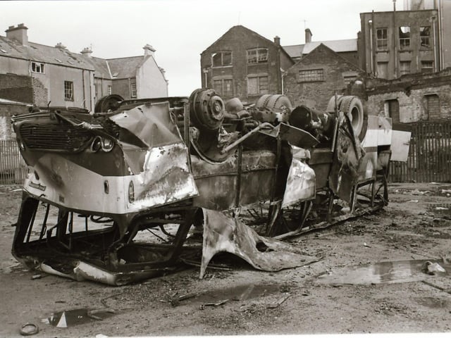 The aftermath of rioting in Derry during which the Post Office sorting office was burnt down.