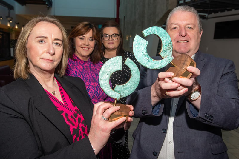 Celine Coleman, Commercial Manager for Aircoach, Karen Sullivan, Business Development Officer (Millennium Forum), Mags Anderson, Education Officer (Millennium Forum) and Martin Bradley, Chairman of Derry Theatre Trust with the Arts & Business Awards they received recently.