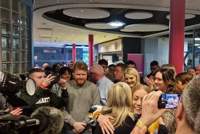 Sinn Féin First Minister designate Michelle O'Neill congratulates Grace Uí Niallais following her election to represent the people in Foyleside.
