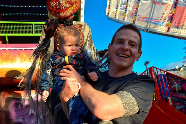 Darre and his dad Damien were at the Cullen's Halloween Funfair on Wednesday afternoon last. Photo: George Sweeney.  DER2243GS – 054