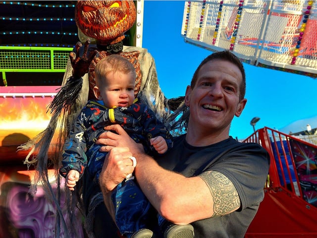 Darre and his dad Damien were at the Cullen's Halloween Funfair on Wednesday afternoon last. Photo: George Sweeney.  DER2243GS – 054