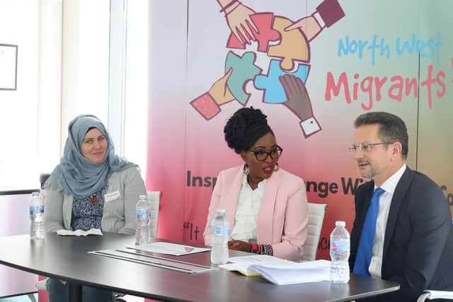 North West Migrants Forum Programmes Manager Naomi Green and Forum Director Lilian Seenoi Barr addressing Minister of State for Northern Ireland Steve Baker during a meeting in Derry this week.