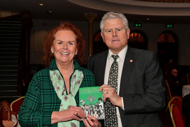 Una O’Somachain and Pat McCafferty, Feis Secretary, pictured at the book launch of Eamon Sweeney ‘s ‘Feis Dhoire Cholmcille: Celebrating a Century of Culture’ held in St Columb’s Hall on Tuesday evening. Photo: George Sweeney. DER2308GS – 78