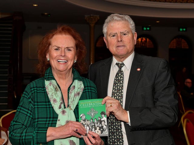Una O’Somachain and Pat McCafferty, Feis Secretary, pictured at the book launch of Eamon Sweeney ‘s ‘Feis Dhoire Cholmcille: Celebrating a Century of Culture’ held in St Columb’s Hall on Tuesday evening. Photo: George Sweeney. DER2308GS – 78