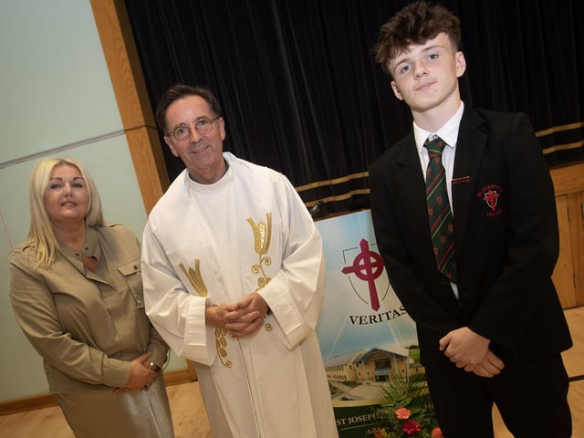 Fr. Shaun Doherty, Chaplain, St. Joseph's Boys School, who celebrated the Annual Year 8 Induction Mass at the school on Thursday night last, pictured with Mrs. Ciara Deane, Principal and Ciaran Mullan, Head Boy.
