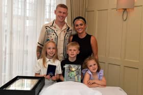 International footballer James McClean and his wife Erin pictured their daughter Allie Mae, son James and daughter Willow Ivy at a celebration for winning his 100th cap for Ireland held in Bishops Gate Hotel on Tuesday evening.  Photo: George Sweeney. DER2325GS – 037