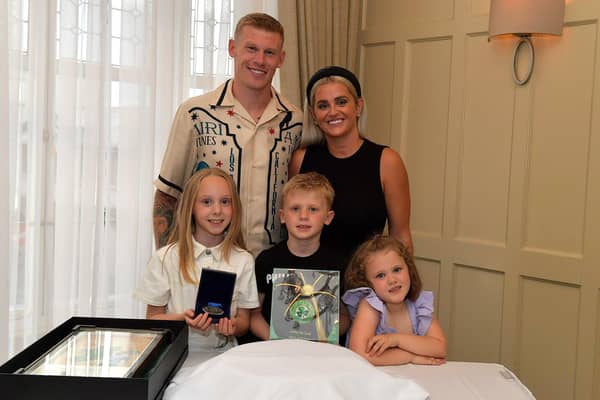 International footballer James McClean and his wife Erin pictured their daughter Allie Mae, son James and daughter Willow Ivy at a celebration for winning his 100th cap for Ireland held in Bishops Gate Hotel on Tuesday evening.  Photo: George Sweeney. DER2325GS – 037