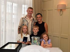 International footballer James McClean and his wife Erin pictured their daughter Allie Mae, son James and daughter Willow Ivy at a celebration for winning his 100th cap for Ireland held in Bishops Gate Hotel on Tuesday evening.  Photo: George Sweeney. DER2325GS – 037
