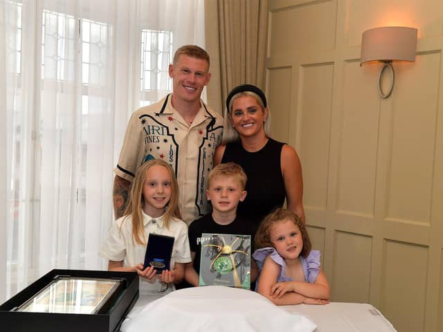 International footballer James McClean and his wife Erin pictured their daughter Allie Mae, son James and daughter Willow Ivy at a celebration for winning his 100th cap for Ireland held in Bishops Gate Hotel on Tuesday evening.  Photo: George Sweeney. DER2325GS – 037