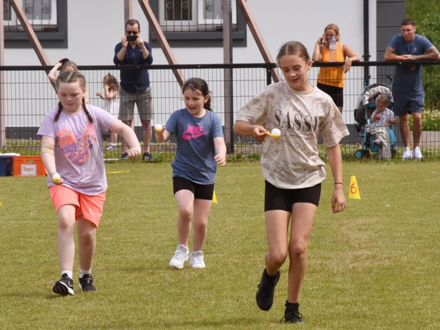 Complete concentration in one of the girls ‘Egg and Spoon’ races at Steelstown Sports Day on Friday last.