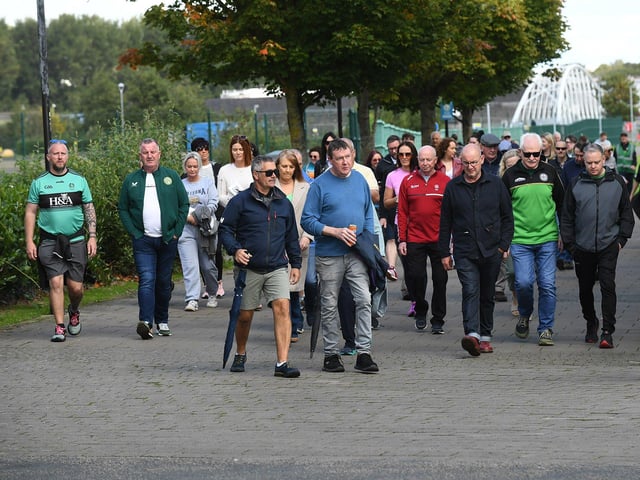 Participants who took part in Sunday’s Chieftain’s Walk from Bay Road to Foyle Road. Photo: George Sweeney