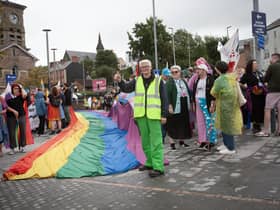 THUMBS UP FROM SHÁ!. . . .All good to go at Saturday's Foyle Pride Parade, before leaving Waterside Railway Station, Derry. (Photos: Jim McCafferty Photography)