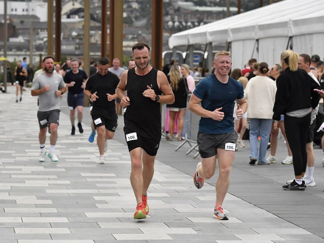Competitors take part in the Ebrington Hyrox on Saturday morning. Photo: George Sweeney