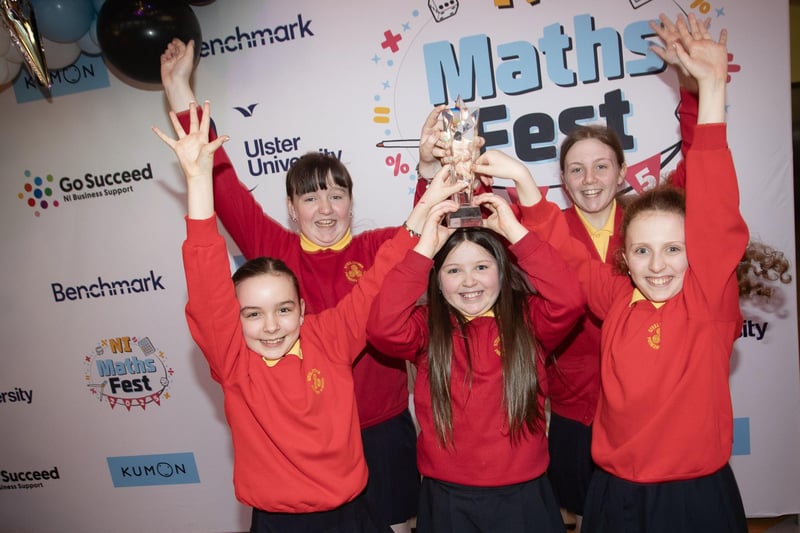MATHS FEST CHAMPIONS!. . . .The jubilant Steelstown Primary School pupils celebrating their success on Friday. (Photos: Jim McCafferty Photography) : .