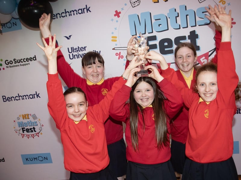 MATHS FEST CHAMPIONS!. . . .The jubilant Steelstown Primary School pupils celebrating their success on Friday. (Photos: Jim McCafferty Photography) : .