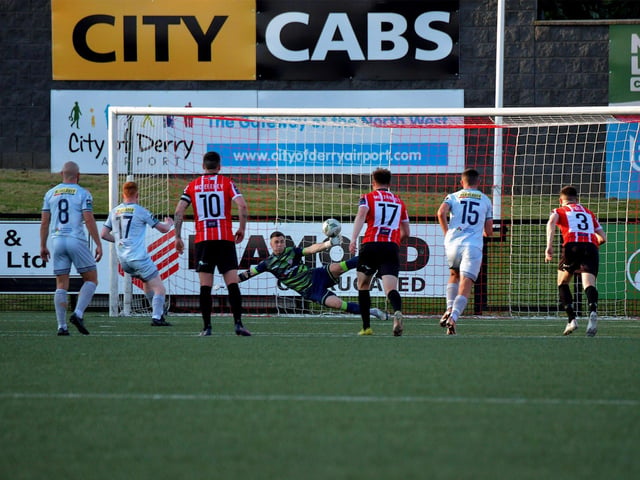 Derry City goalkeeper Brian Mahar saves a first half penalty from Shelbourne’s Shane Farrell (17). Photo: George Sweeney. DER2321GS -
