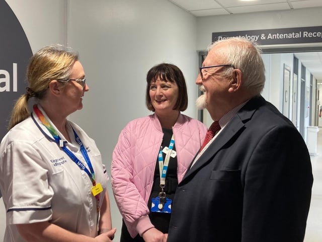Chair of the Western Trust Board Dr. Tom Frawley in conversation with staff at the official opening of a new antenatal clinic at Altnagelvin.