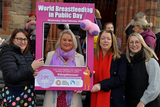 Mayor Sandra Duffy pictured with Noella Gormley, Dr Maria Herron and Sinead Oâ€™Kane from the North West BAPS project organisers of a gathering in Guildhall Square on Wednesday to mark World Best Feeding in Public Day. Photo: George Sweeney. DER2308GS â€“ 80