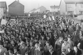 The first Bloody Sunday commemorative march makes its way down Rathlin Drive, Creggan on the morning of 30 January 1973.
