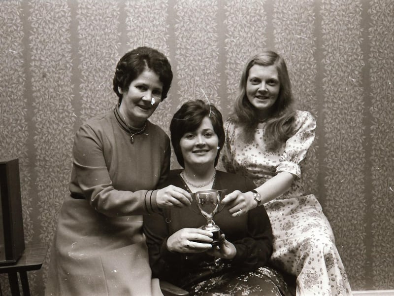 To the three joint Guild Challenge Cup winners, Nellie Doherty and Mary Doherty with Guild president Sheila Gill at the Clonmany I.C.A. Guild annual dinner dance in the Ballyliffin Hotel.