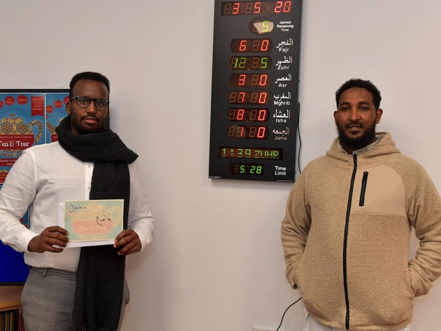 Prayer times on display at the North West Islamic Association’s Tea and Tour day in Pennyburn on Sunday afternoon last. Photo: George Sweeney. DER2311GS – 05