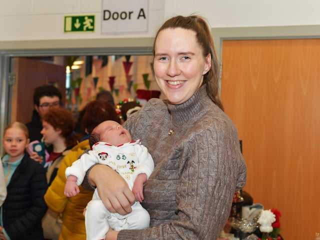Past pupil Una Ashford pictured with her two weeks old daughter Maggie at St Marys College Christmas Craft Fair on Saturday.  Photo: George Sweeney