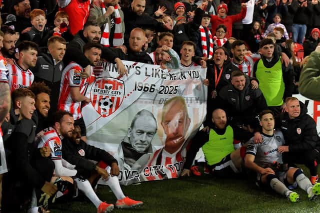 Derry City players and fans pay tribute to the late Vinny Cunningham at the Ryan McBride Brandywell Stadium on Friday evening. Photograph: George Sweeney