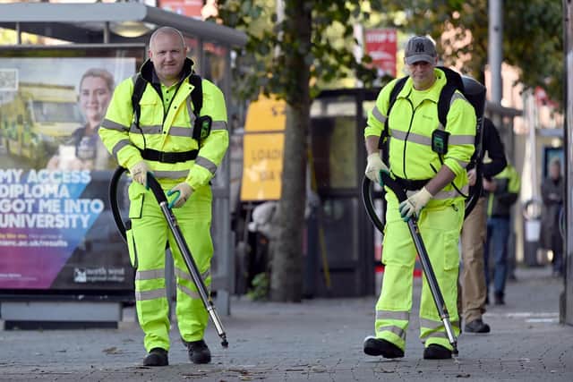 Derry City and Strabane District Council’s Street Cleansing team have launched a campaign to encourage people to dispose of their chewing gum properly. Specialised equipment and cleaning solutions are used to remove chewing gum from the pavement in Derry’s Foyle Street. Picture Martin McKeown. 10.09.24