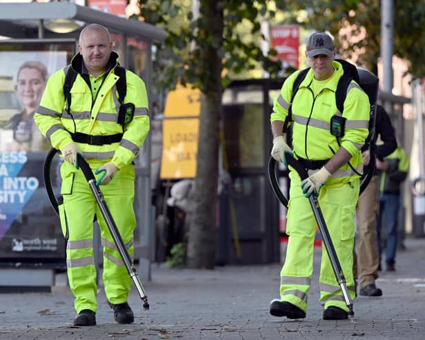 Derry City and Strabane District Council’s Street Cleansing team have launched a campaign to encourage people to dispose of their chewing gum properly. Specialised equipment and cleaning solutions are used to remove chewing gum from the pavement in Derry’s Foyle Street. Picture Martin McKeown. 10.09.24
