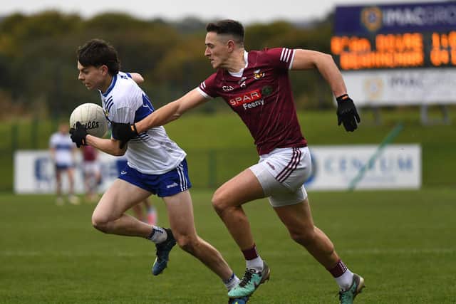 Banagher’s Gavin O’Neill gets to grips with Ballinderry's Shea McCann during the semi-final victory. Photo: George Sweeney