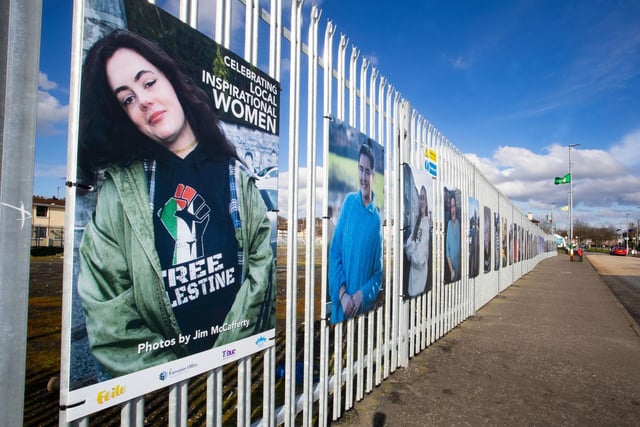 An exhibition erected at Meenan Square in the Bogside featuring photographic portraits and artwork of inspirational women from the area both past and present. (Photos: Jim McCafferty Photography)