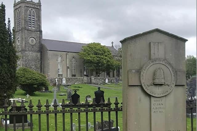 Bishop Maginn’s tombstone at St. Mary’s Church Cockhill Buncrana. Photograph by Vincent Deehan.